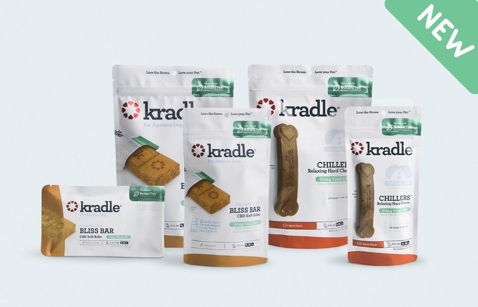 Kradle® introduces two new delicious, easy-to-use calming products for dogs, Bliss Bar™ CBD Soft Bakes and Chillers™ Relaxing Hard Chews.