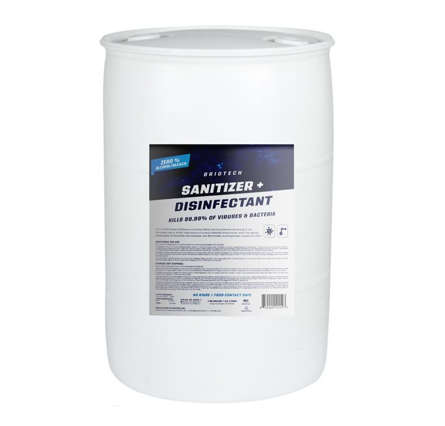 The Briotech Sanitizer and Disinfectant is available in four sizes, ranging from a 24 ounce bottle to a 55 gallon drum.