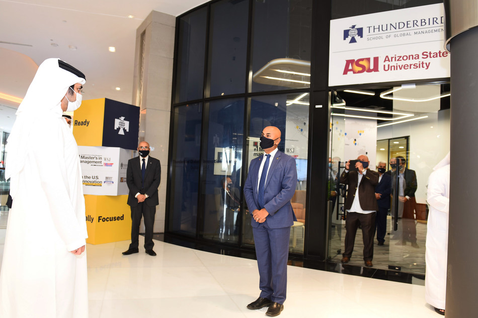Thunderbird's Dean, Dr. Sanjeev Khagram, greets Sheikh Maktoum bin Mohammed at the entrance to Thunderbird Innovation Center within DIFC Innovation Hub in Dubai.