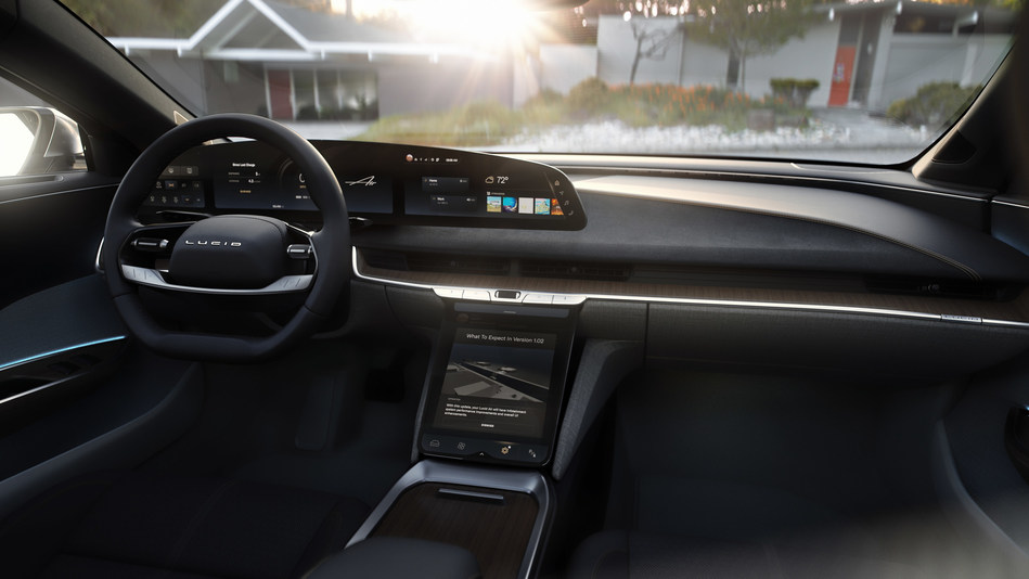 The interior of the Lucid Air features two primary touch-control displays – the Glass Cockpit, a sweeping 34-inch 5K-resolution curved instrument display, and the Pilot Panel, the centrally located lower console display enabling further in-depth controls. Both are contoured toward the driver and are positioned to be within easy reach.