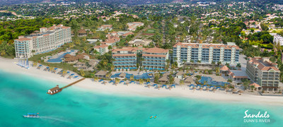 Aerial views of the future Sandals Dunn’s River featuring 48 signature SkyPool Suites, a first for Jamaica, and adjacent sister property, Sandals Royal Dunn’s River