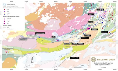 Figure 2: Geology map showing Trillium Gold's Phase 1 planned exploration work, including geophysical surveys in the westernmost areas, Moose Creek and Caribou Creek, and the western portion of the Joy property. Soil surveys spanning the properties are in progress. (Geology base map sourced from GSC OF4265). (CNW Group/Trillium Gold Mines Inc.)