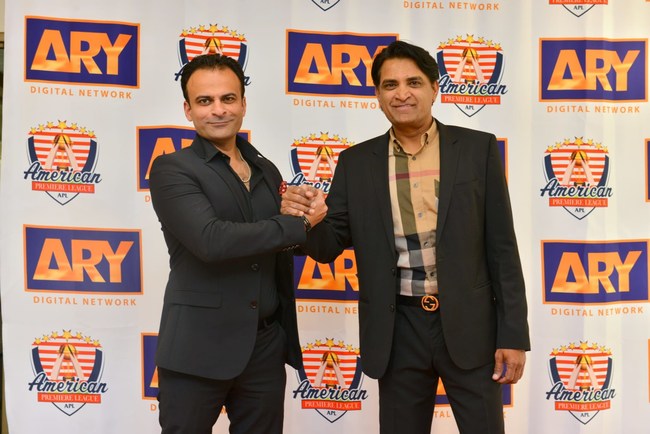 Jay Mir, Founder & CEO American Premiere League (Left) joining hands with Asif Jamal, COO Ary Digital North America (Right) at the ARY & APL partnership gala in Edison New Jersey