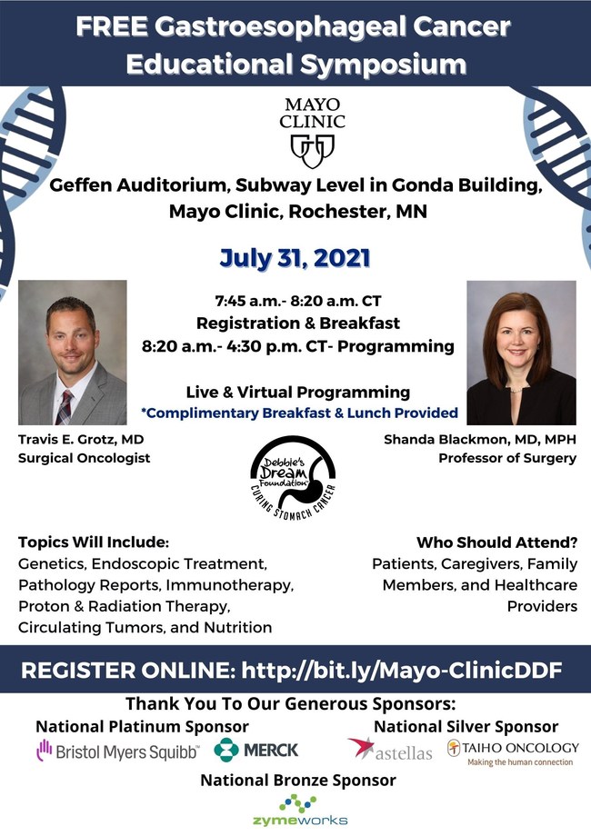 Flyer for the Mayo Clinic and DDF Gastroesophageal Cancer Educational Virtual Symposium led by Dr. Travis E. Grotz, Dr. Shanda Blackmon from Mayo Clinic will lead the event as Symposium Co-chairs.