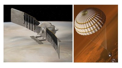 Artists’ renderings show the VERITAS spacecraft (left) and DAVINCI+ probe (right) as they arrive at Venus. Credit: Lockheed Martin.