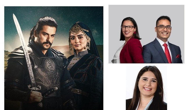 Left: Series photo for ATV's "The Ottoman: (Kuruluş Osman)" L-R top right: Hasnaa Descuns and Nitin Michael, co-founders of SynProNize; Bottom right: Müge Akar, Content Sales Deputy Manager of ATV Turkey