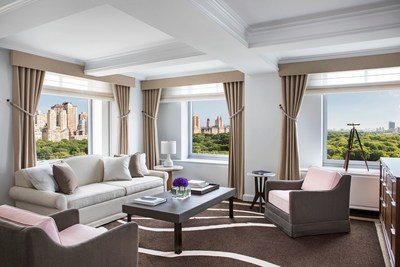 The corner location of the hotel's Premiere Park View Suite affords a sweeping view of New York City from the spacious living room.