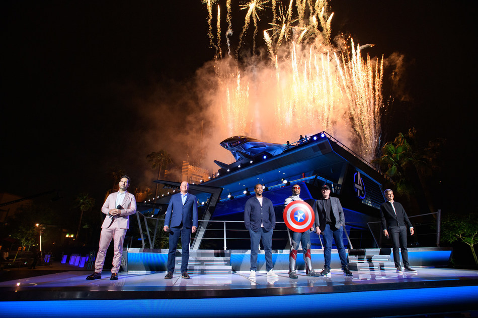 Super Heroes assembled to celebrate the momentous dedication of Avengers Campus June 2, 2021, in an epic ceremony at Disney California Adventure Park in Anaheim, California. Disney CEO Bob Chapek was joined in front of Avengers Headquarters near the shining Quinjet by Disney Parks, Experiences and Products Chairman Josh D’Amaro and Marvel Studios President/Marvel Chief Creative Officer Kevin Feige, along with Paul Rudd, star of the “Ant-Man” films, and Anthony Mackie from the hit Disney+ series “The Falcon and the Winter Soldier.” Teaming up with Iron Man, Spider-Man, Captain America, Captain Marvel, Black Panther and more, they together unveiled the new land, which opens to the public at the Disneyland Resort on June 4, 2021. (Richard Harbaugh/Disneyland Resort)