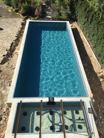 A Natural Swimming Pool in construction with a biofilm filter - Photo courtesy BioNova® Natural Pools