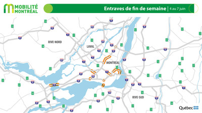 Carte générale des entraves, fin de semaine du 4 juin (Groupe CNW/Ministère des Transports)