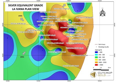 Section 2: Equivalent g Ag/t in plan section (for low angle shoot) that outcrops to east and dipping west. The approximate dimenisions of the shoot are 320 metres by 310 metres and it is open in at least three directions. (CNW Group/Outcrop Gold Corp.)