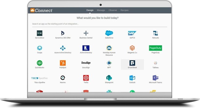 Connect iPaaS provides no-code drag-and-drop UX to build business process automation with leading CRM and ERP applications using APIs and data as visual widgets.