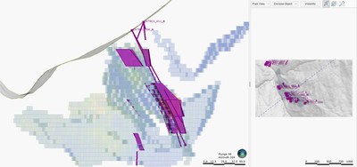 Figure 1: Torbrit Main Resource Block model (blue)_with drilling targeting areas of inferred resources(purple) for upgrade to measured/indicated. Torbrit Main section looking Northwest. (CNW Group/Dolly Varden Silver Corp.)