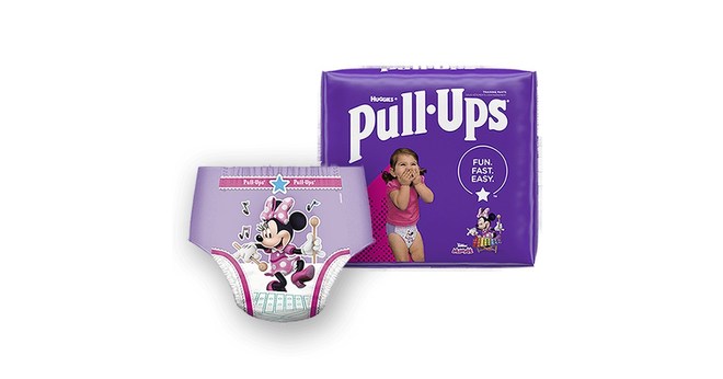 Pull-Ups® - With refastenable sides, graphics that fade when wet