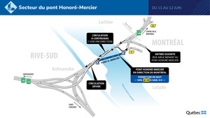 Route 138 entre Kahnawake et Montréal (arrondissement de LaSalle) - Une voie ouverte par direction sur le pont Honoré-Mercier durant la nuit du 11 au 12 juin