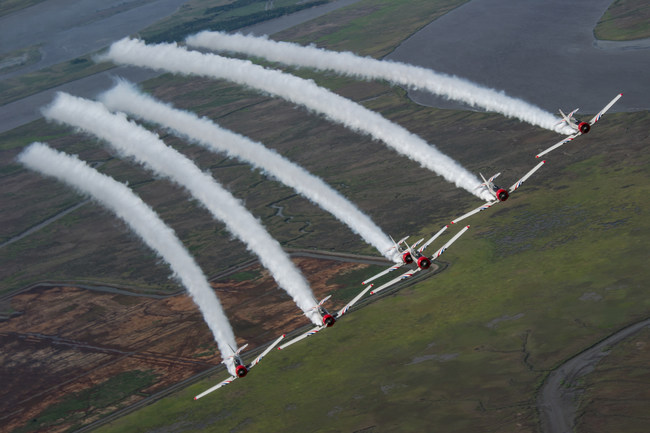 The GEICO Skytypers in a six-ship delta formation. The team will perform an 18-minute low-level precision-flying demonstration during the 2021 Ocean City Air Show.