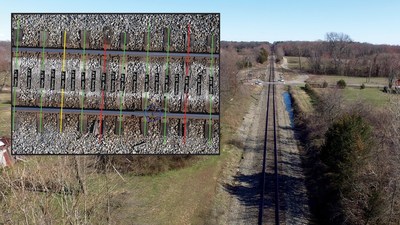 Drone survey of a railyard showing the location of rail gaps (blue circles) and the codition of each crosstie (good = green, bad = yellow or failed = red).