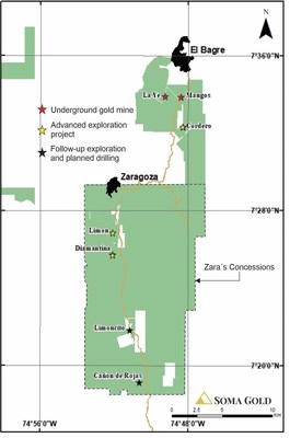 Map #2. Plan view of Soma’s concessions with the principal mining operations and exploration projects. (CNW Group/Soma Gold Corp.)
