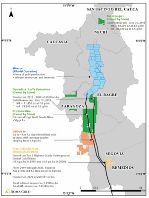 Map #3. General view of Colombia’s Bajo Cauca region (in grey) and the prolific Otu fault valley. It is estimated that this region accounted for more than 50% of national gold production in 2019. Note: Resources and Production other than for Soma projects are historical (CNW Group/Soma Gold Corp.)