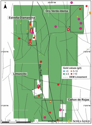 Map #4. Plan view of DEM lineaments patterns and high gold grades on Zara concessions. (CNW Group/Soma Gold Corp.)