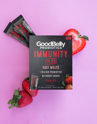 GoodBelly To Go Immunity Fast Melts contain 1 billion live cultures, and are made from a blend of the scientifically backed strains Lactobacillus Plantarum HEAL9 and Lactobacillus Paracasei 8700:2, which together are clinically shown to support immune function.
