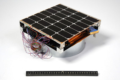 Image of the Photovoltaic Radio-frequency Antenna Module (PRAM) with a 12-inch ruler for scale. The hardware is the first orbital experiment designed to convert sunlight for microwave power transmission for solar power satellites. (U.S. Naval Research Laboratory)