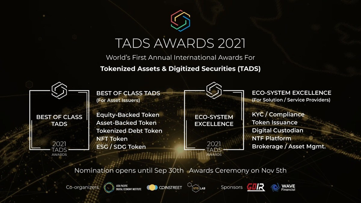TADS Awards 2021 -- The World's First Annual International Awards for Tokenized Assets & Digitized Securities ("TADS") Opens for Nominations - Vimarsana News