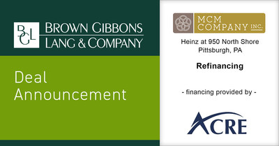 Brown Gibbons Lang & Company (BGL) is pleased to announce the financial closing of Heinz at 950 North Shore for MCM Company, Inc. (MCM). BGLs Real Estate Advisors team served as the exclusive financial advisor to MCM in the transaction. The property was refinanced with Asia Commercial Real Estate (ACRE) in order to retire the existing senior loan with Basis Investment Group and extend the maturity of the loan beyond the contractual compliance period with the historic tax credit investor. (PRNewsfoto/Brown Gibbons Lang & Company)