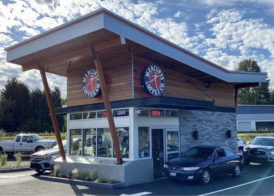 Mercurys Coffee's newest location in Woodinville, WA, with a two-lane drive-thru.