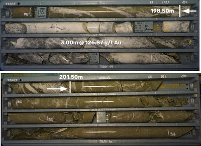 Figure 2 - HVD003 Quartz vein containing visible gold (198.50 – 201.50m down-hole) 3.00m @ 126.87 g/t Au, within hydrothermally altered and veined sedimentary unit (CNW Group/E79 Resources Corp.)
