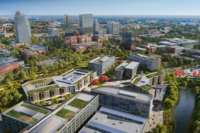 Aerial view of the Innovation Quarter's phase II master plan looking toward downtown Winston-Salem, N.C.