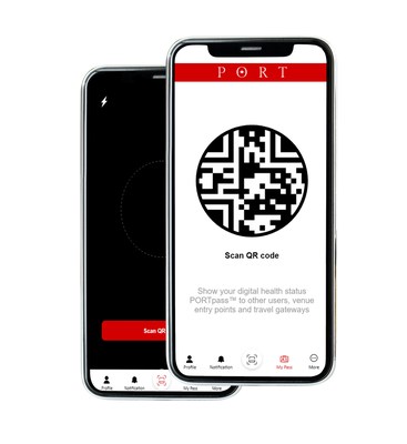 The PORTpass app developed by Canadians for Canadians that is fully encrypted on the blockchain and users control the data and store the data on their mobile devices. (CNW Group/PORTpass™)