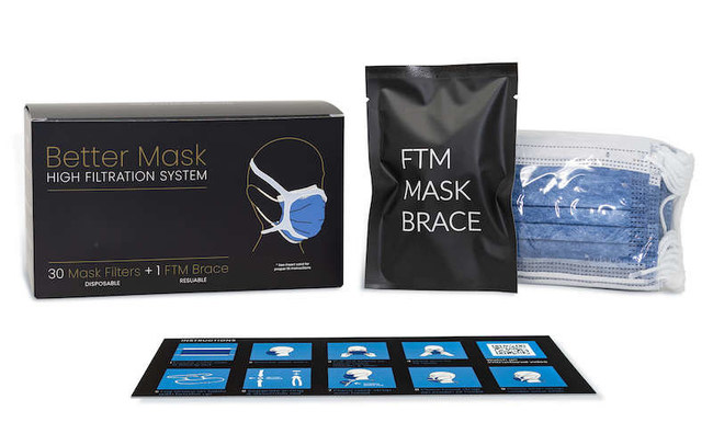 The Better Mask High Filtration System kit contains a reusable FTM Essential Mask Brace and 30 Armbrust American Surgical Masks.