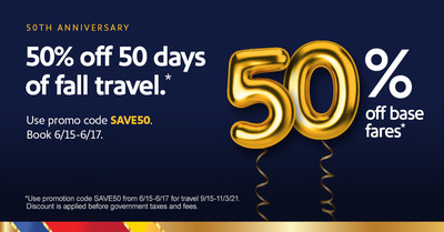 Southwest Airlines offers <percent>50%</percent> off base fares for 50 days of fall travel
