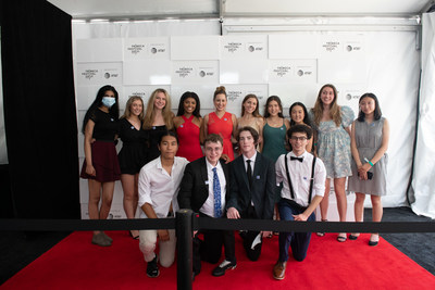 Finalists from the RFK Speak Truth to Power video competition pose on the Tribeca Film Festival red carpet with actor and singer Jazmin Grace Grimaldi, one of the contest judges. (George Etheredge for RFK Human Rights)