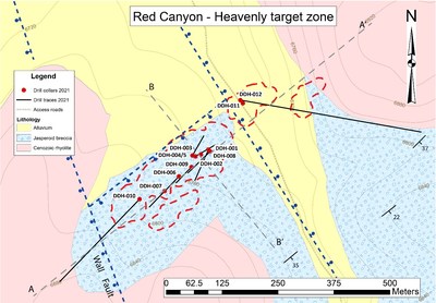 Figure 1. Red Canyon: Drill traces from Phase 1 drill program at the Heavenly target zone and location of section A-A’ included in this press release. Red dashed lines represent Au zones of >0.1g defined from historical rotary drilling. Mineralization is hosted in calcareous siltstone of the lower plate units of the Roberts Mountains Formation dipping to the southeast. (CNW Group/Millennial Precious Metals Corp.)