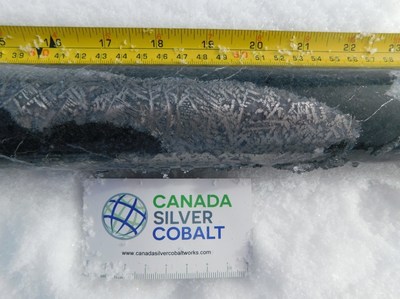 Figure 1: Bonanza-grade silver mineralization at 53,739 g/t Ag (1,568 oz/Ton Ag and 23.31 oz/Ton AuEq) over 0.48m in hole CS-20-39W4 at 551.1m depth (CNW Group/Canada Silver Cobalt Works Inc.)