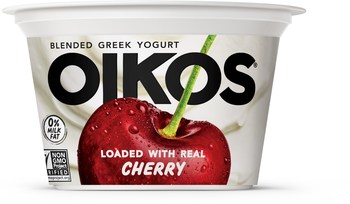 Oikos Blended is available in six delicious, crave-worthy flavors: Strawberry, Blueberry, Peach, Cherry, Vanilla Bean and Anything But Plain.