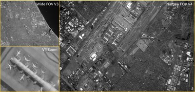 GEOStare2’s Narrow field-of-view (FOV) imager is intended primarily for Earth Observation.  Narrow, Wide and V4 Zoom FOV (field of view) image of Los Angeles International Airport area. At this level of resolution, individual aircraft on the tarmac are easily resolved.