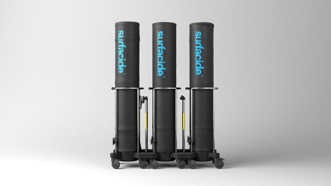 Surfacide's Helios System uses multiple UV-C light towers simultaneously to rapidly eliminate and prevent the spread of deadly pathogens from the environment