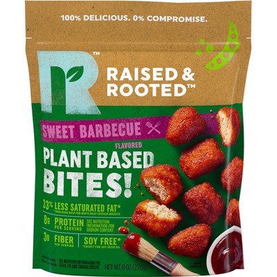 Raised & Rooted Plant Based Bites! are made from plant protein and have 33% less fat than USDA white meat chicken nuggets. The new offerings come in two delicious flavors including Buffalo and Sweet Barbecue.