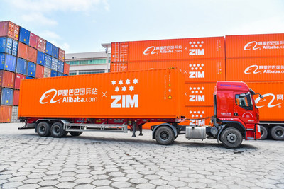 Branded containers with ZIM & Alibaba.com logos, marking the cooperation agreement