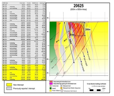 Figure 2: Complete drill section 20625 spanning an 800 m x 800 m area with highlighted assays. (CNW Group/Great Bear Resources Ltd.)