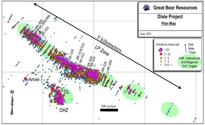 Figure 3: Map of current drill results and current and upcoming drill areas at the Dixie project. (CNW Group/Great Bear Resources Ltd.)