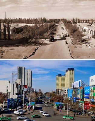 Beiziwu Street in Shihezi, some 150 km west of Urumqi, Xinjiang Uygur Autonomous Region, in the 1950s (above) and 2019 (XINHUA)