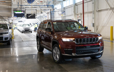 A 2021 Jeep® Grand Cherokee L rolls off the line at Stellantis’ Detroit Assembly Complex - Mack plant after final validation to be loaded onto a carrier. The all-new version of the legendary full-size SUV now equipped with three rows of seats began shipping to dealers across the country on June 21, 2021.