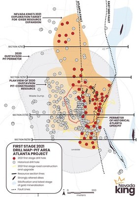 Figure 2.  Location of Nevada King’s first stage resource expansion drill holes relative to the historical drilling and to the Gustavson 2020 pit-constrained resource model. (CNW Group/Nevada King Gold Corp.)