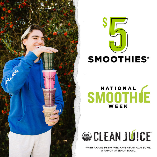 For Clean Juice, the first and most prolific USDA-certified organic juice bar franchise, one day just isn't enough. As the rest of the nation recognizes National Smoothie day on Summer Solstice, the leading organic fast casual brand announced a week-long smoothie celebration, and today is the start of the ultimate celebration.