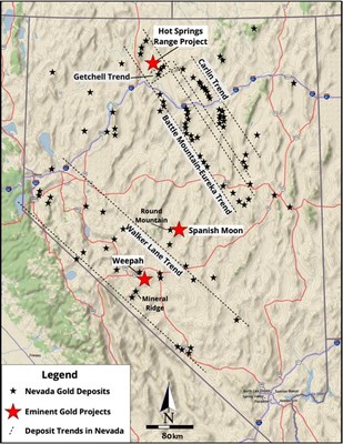 Figure 1. Plan view map of Nevada and the major gold trends and associated deposit locations. The Weepah Project is in the central portion of the Walker Lane Trend. (CNW Group/Eminent Gold Corp.)