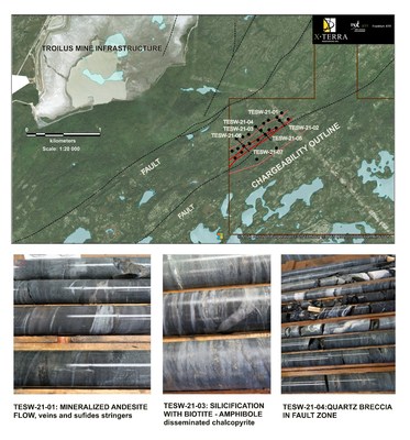 Chargeability outline and drill core pictures (CNW Group/X-Terra Resources Inc.)